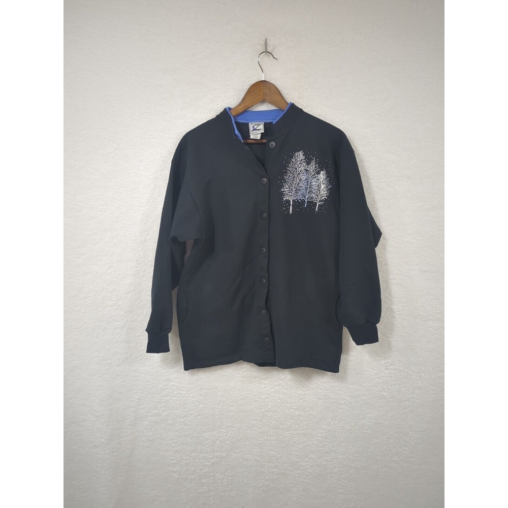 Vintage Women's Grandma Black Cardigan Glitter Winter Trees Made in USA M
